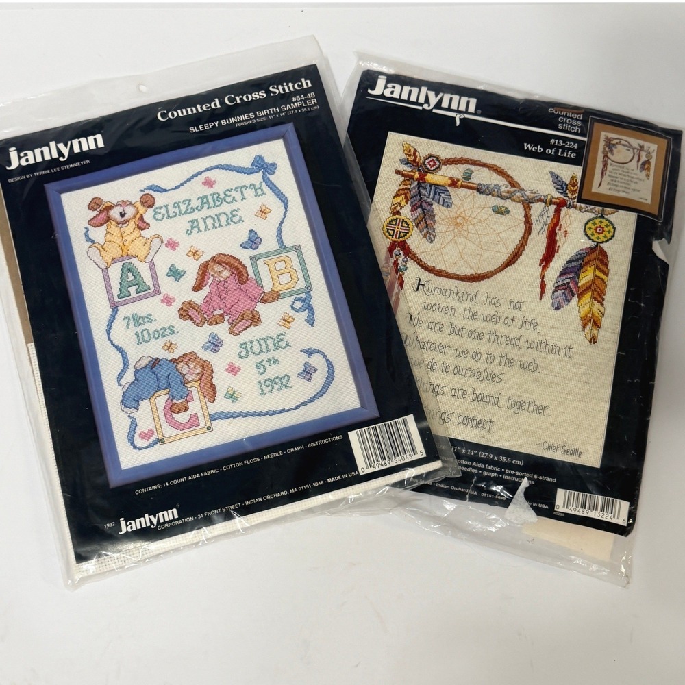 Janlynn Counted Cross Stitch Kits Sleepy Bunnies Birth Sampler & Web of Life 2pk
